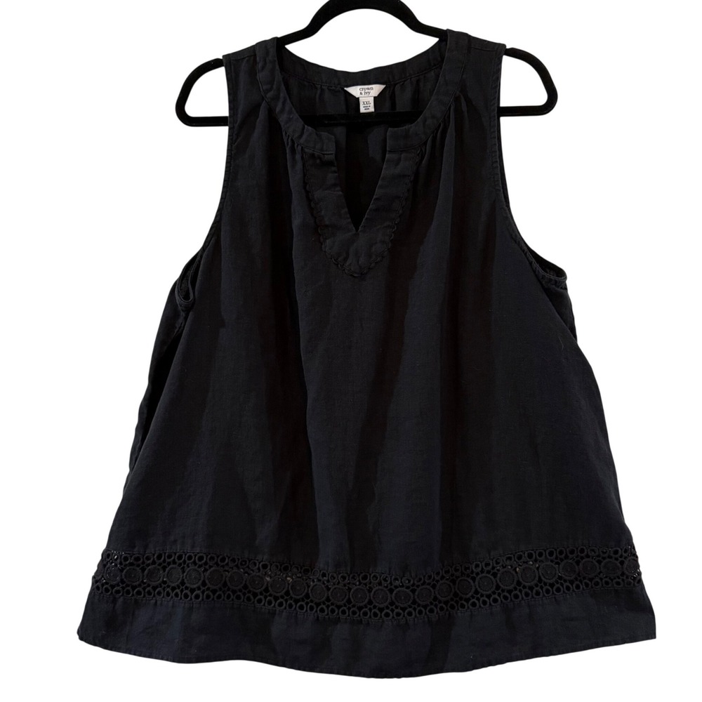 Crown & Ivy Womens XXL Black 100% Linen Sleeveless Eyelet Lace Hem Top Boho
